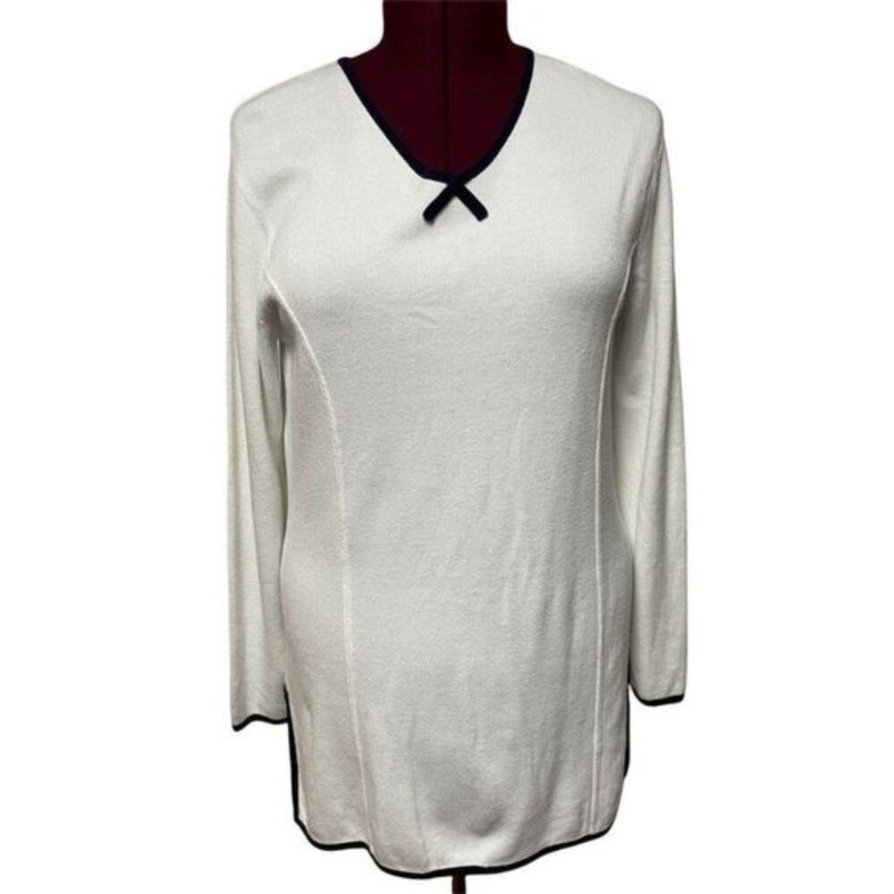 LIZ Caiborne V-Neck Pullover Sweater‎ Ivory  Size L White /Black Piping